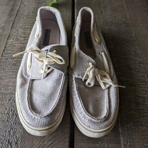 Sperry Sequin Sparkle Glitter Silver Gray Deck Boat Slip on Shoes Size 8.5